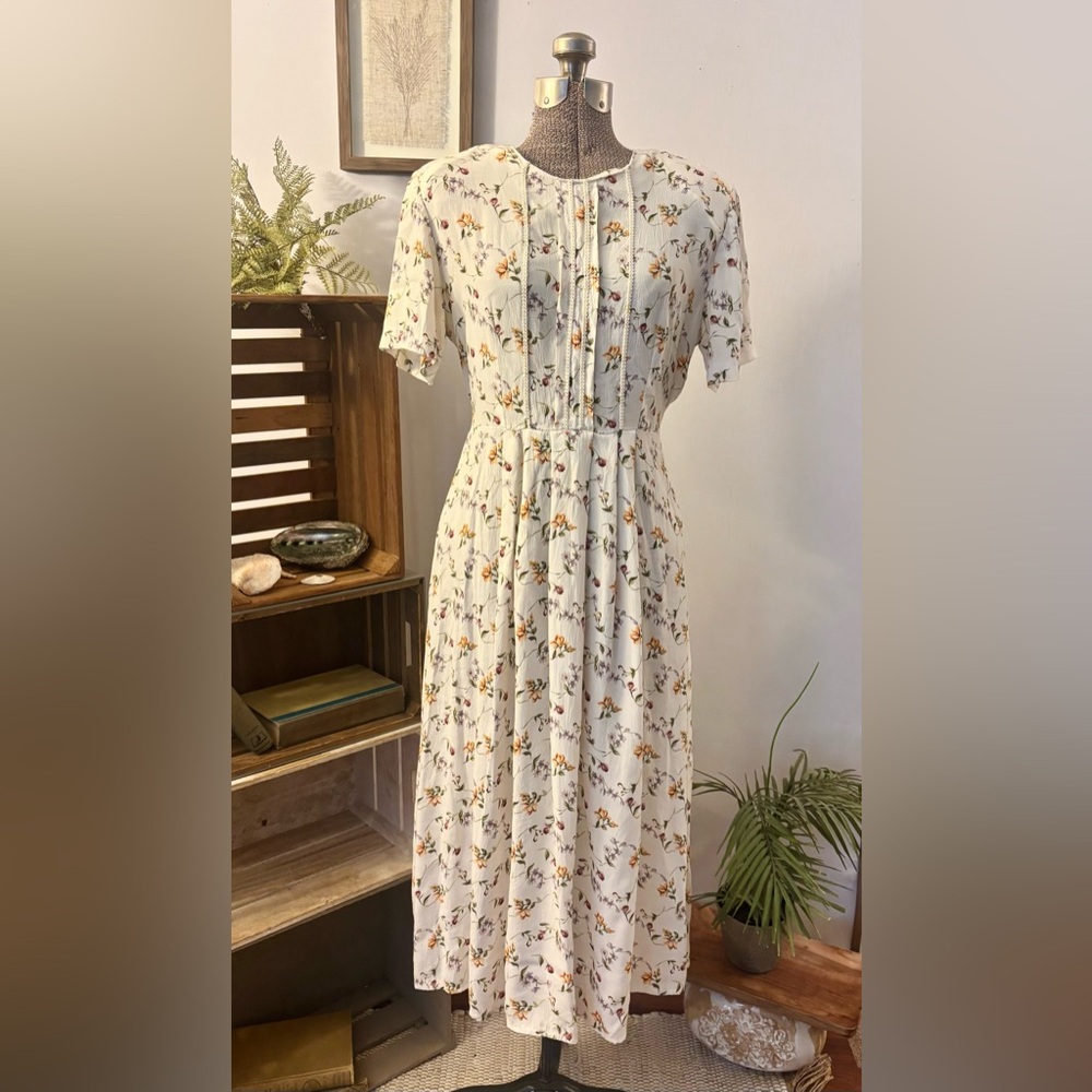 Vintage Floral Cream A Line Dress Waist Tie Midi Sz 10/ Medium Kim Kelly Pleated